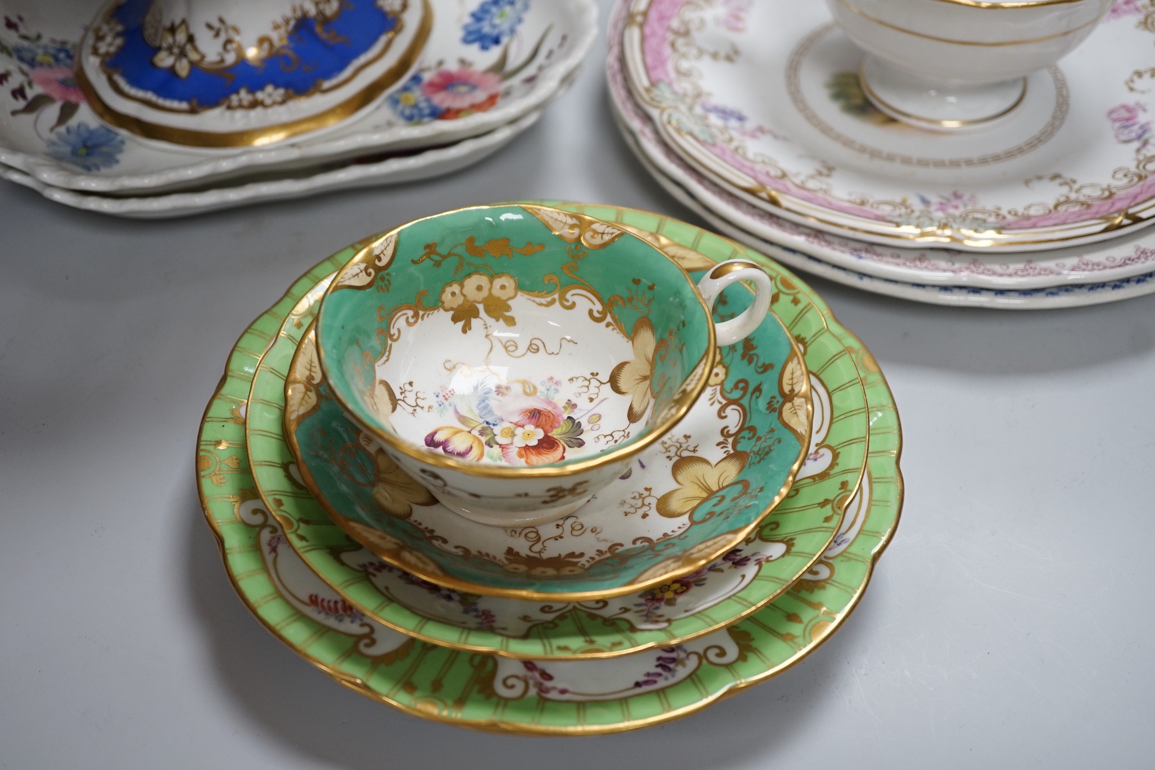 An English porcelain two handled pierced pedestal dish, c.1840 and 19th century English tea and dessert wares, dish 35cms wide